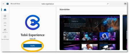 Tobii Experience i Microsoft Store — klicka på ”Skaffa”