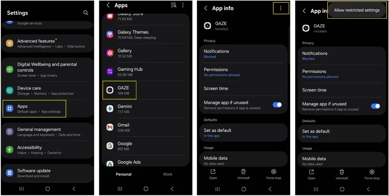 Fixen: Appar → ATTEX PANEL → Mer (⋮) → ”Tillåt begränsade inställningar”